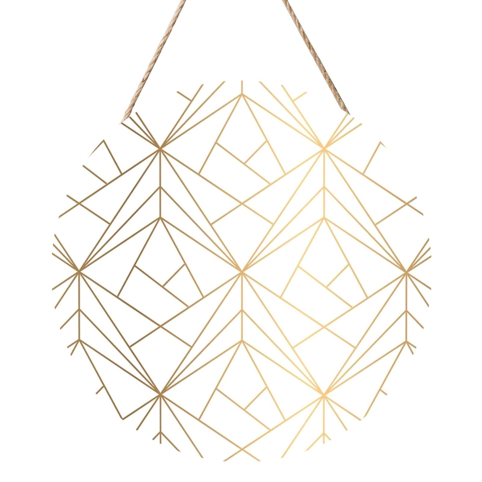 InOmak Geometric Gold Pattern With White Shimmer, Round Wood Panel Painting 12 in, Wall Hanging Painting For Home