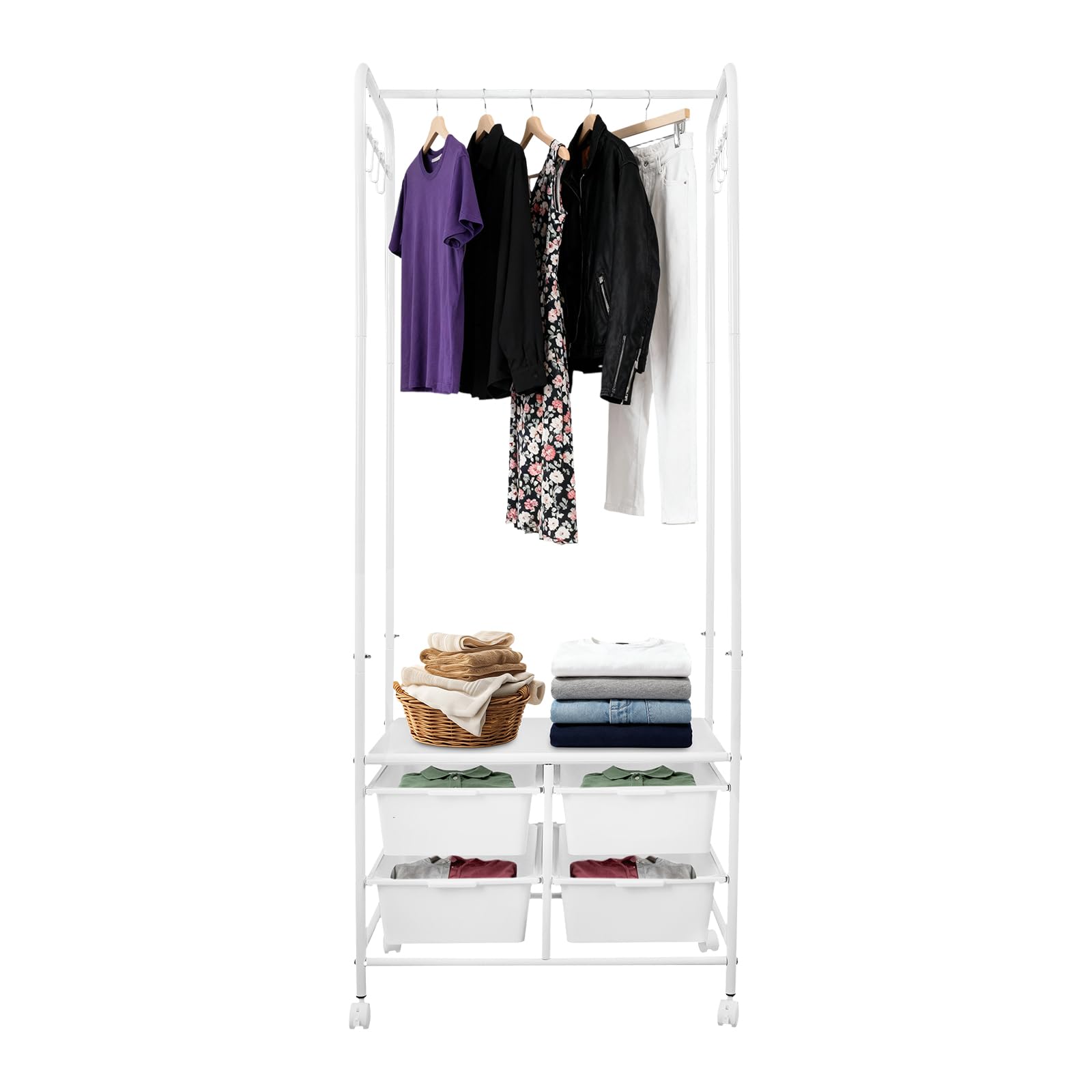 Garderobenständer, Rollbarer Kleiderständer Metall Kleiderbügel mit 4 Aufbewahrungsboxen & 8 Haken Kleiderhalterungsständer Garderobe für Schlafzimmern, Waschküchen 63x37x160 cm