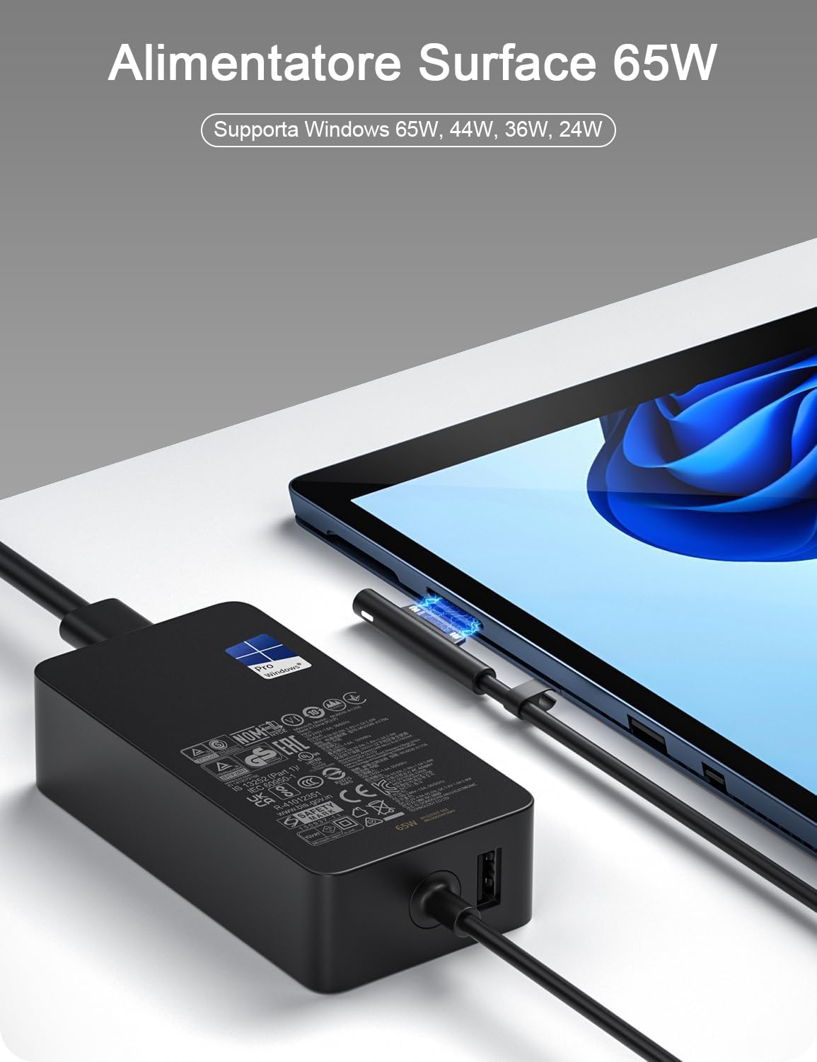 Alimentatore Microsoft Surface,65W caricatore per Surface Pro 3/4/5/6/7+/8/9/X, Surface Laptop 1/2/3/4/5, Surface Go/Go2/Go3, Surface Laptop Go 1/2/3, Surface Book 1/2/3, Surface Laptop Studio