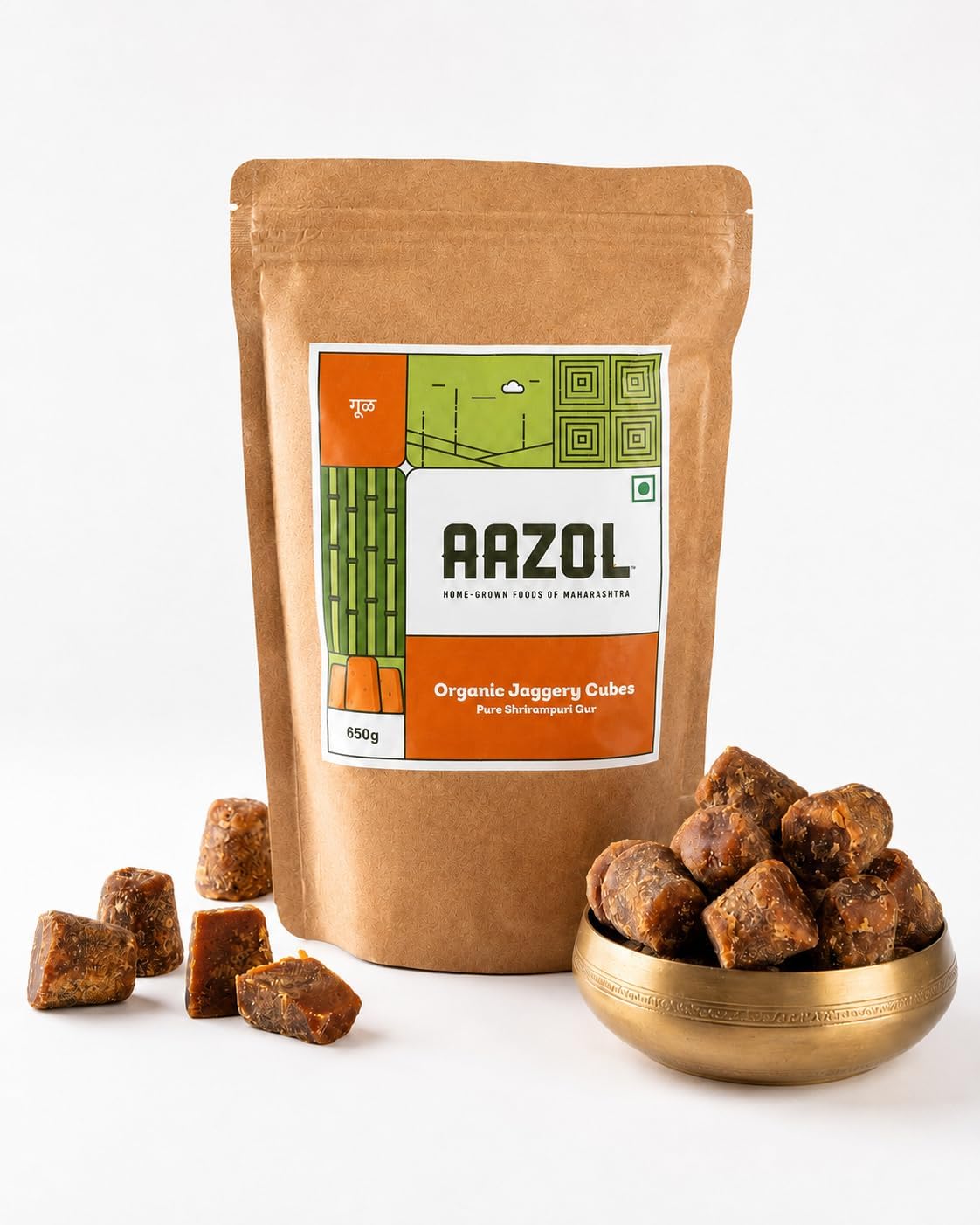 Aazol Organic Jaggery Cubes: Pure Shrirampuri Gur - 650g | Natural & Organic | Made with Pure Desi Cow Ghee | Best Texture | Long Shelf Life
