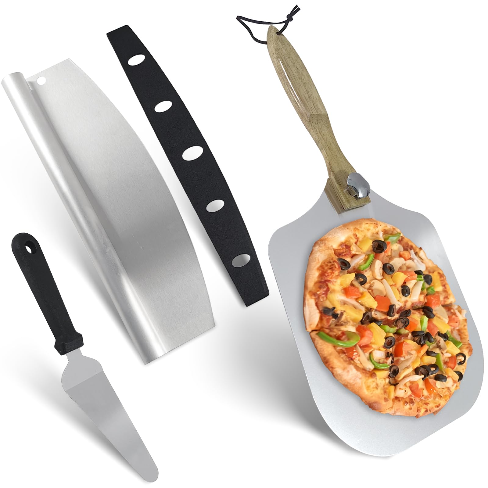 Ensemble Pelle à Pizza 3 Pièces, Pizza Accessoires Comprenant Pelle a Pizza 30 cm Aluminium avec Poignée en Bois Rotative, Coupe Pizza Acier Inoxydable et Pelle à Fromage