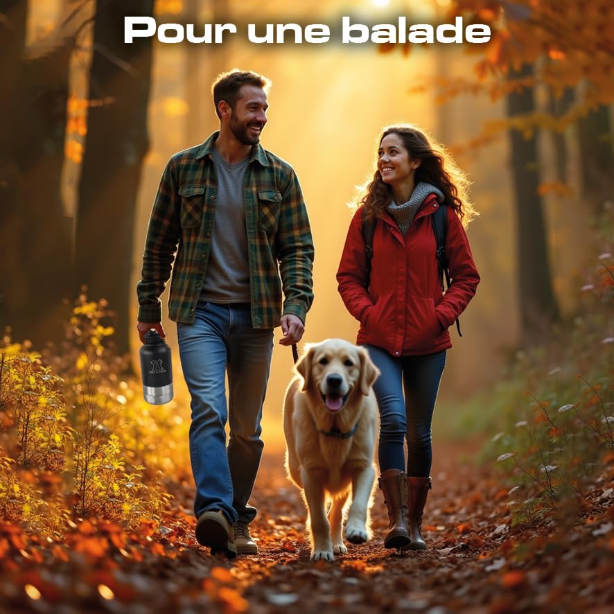Gourde Chien Chat pour balades Vacances, Bouteille d'eau Chiens et Chats Voyage, Isotherme Acier Noir, gamelle pour Aliments, 3 Compartiments