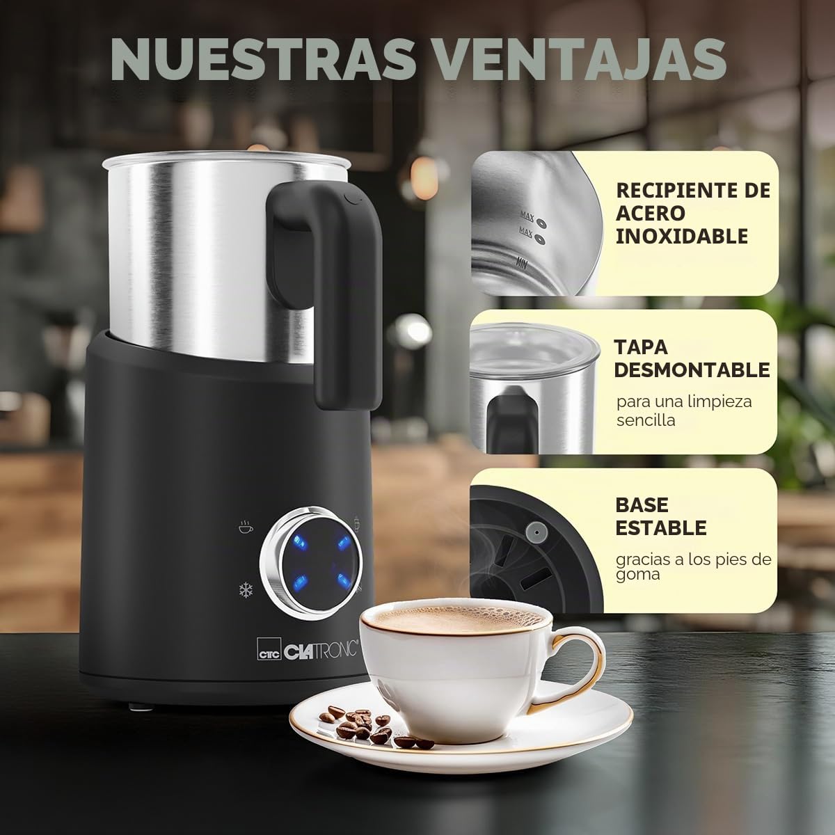 Clatronic® Espumador de leche eléctrico | con función de calentamiento | espuma caliente y fría | para una espuma espesa y cremosa | 740ml | espumador de leche eléctrico | MS 3812