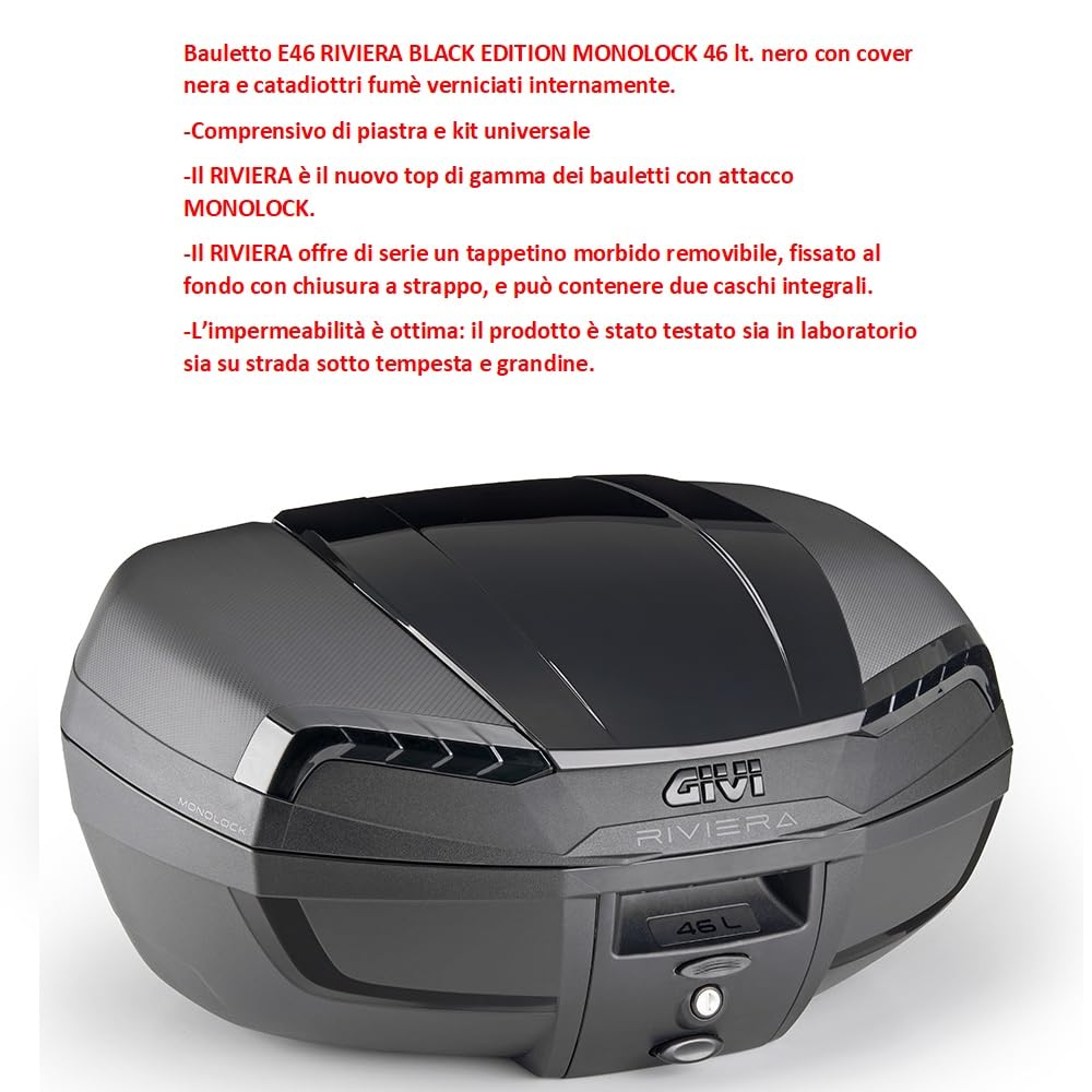 COMPATIBILE CON SYM SYMPLY 125 2T BAULETTO E46 RIVIERA BLACK EDITION MONOLOCK 46 LT VALIGIA BAULE PER MOTO SCOOTER CON PIASTRA PER AGGANCIO PORTAPACCHI POSTERIORE