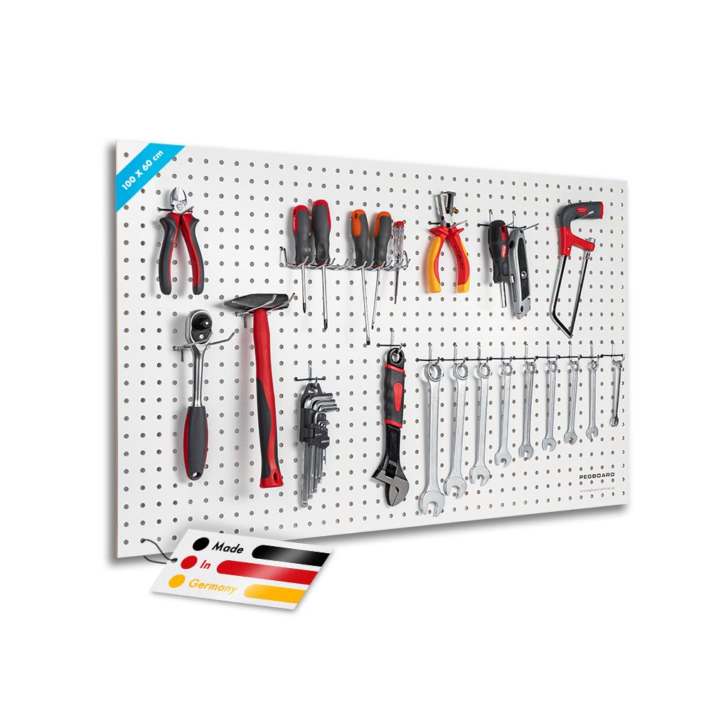 Pegboard MIDI - Panel de herramientas de madera (MDF) 100 x 60 x 0,5 cm, diámetro de 7 mm, distancia entre orificios de 25,4 mm, lacado blanco, fabricado en Alemania