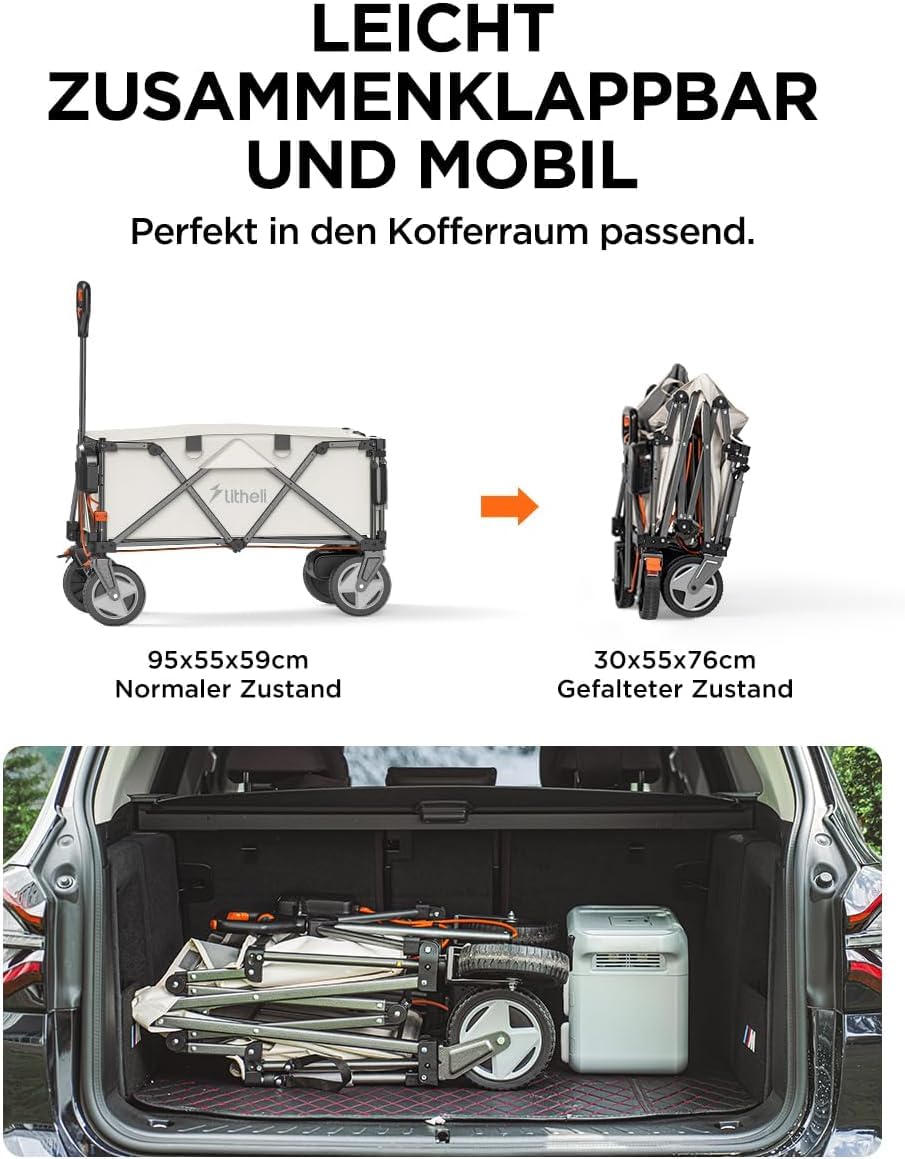 Litheli Elektrowagen Bollerwagen faltbar, Handwagen faltbar mit Motor & Bremsen, 200L 60KG geeignet für Camping, Garten, Strand, Einkaufen (Beige, W1 pro mit 2 Batteries)