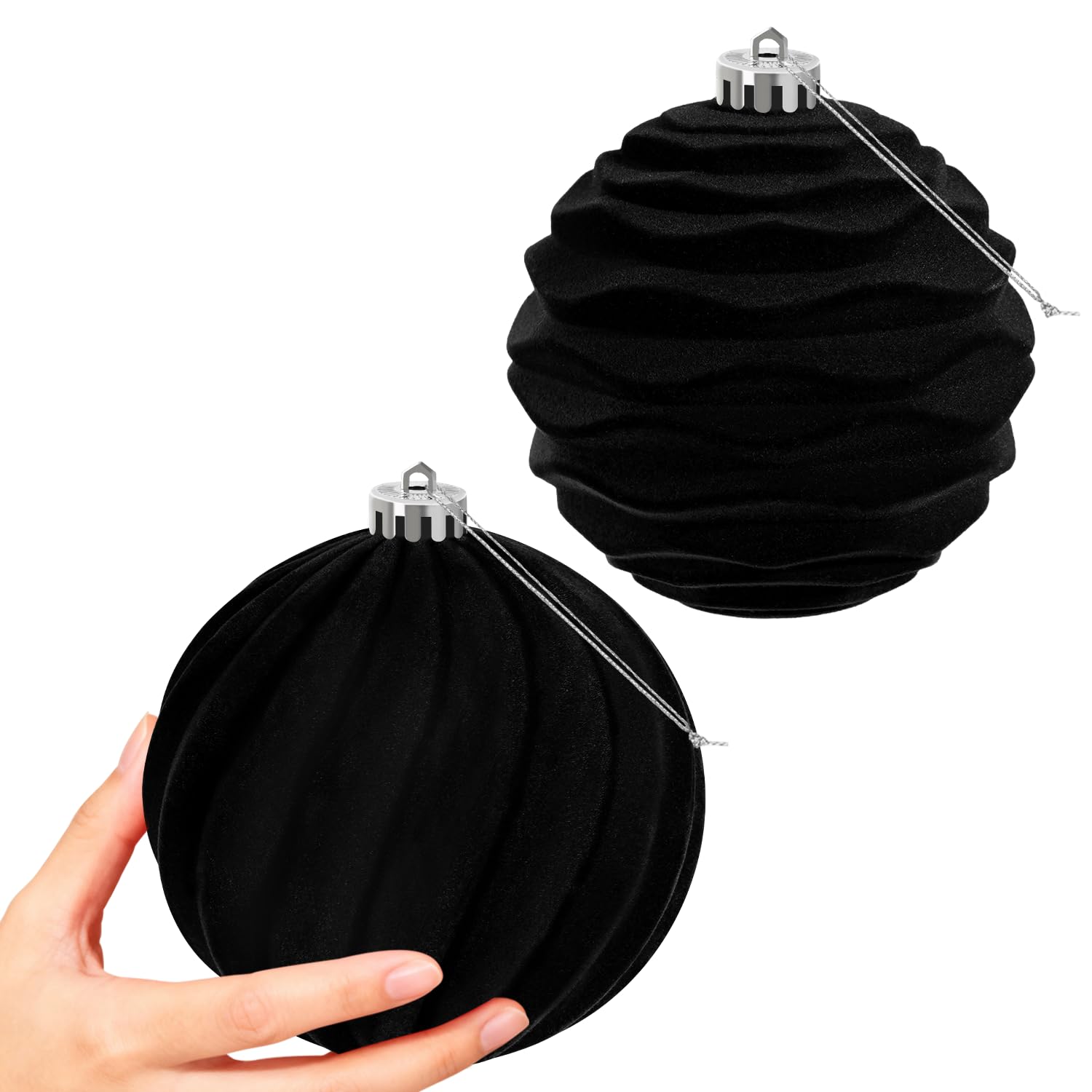 Miaikoe 2 PCS Large Velvet Christmas Balls Ornaments Shatterproof Hanging Set Flocked for Xmas Tree Holiday Party Decorations (Black,15 CM)