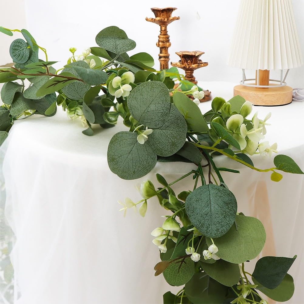 Ghirlanda di eucalipto artificiale, 180 cm, foglie di plastica flessibile, a bassa manutenzione, decorazione per matrimoni, feste, casa, confezione da 2