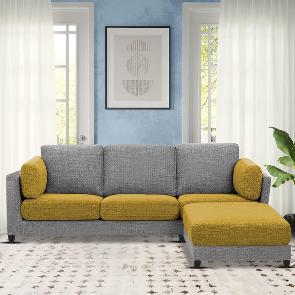 GRAPEWOOD Rony 4 Seater Interchangeable L Shape Sofa with Ottoman for Living Room (Yellow Grey Fabric)