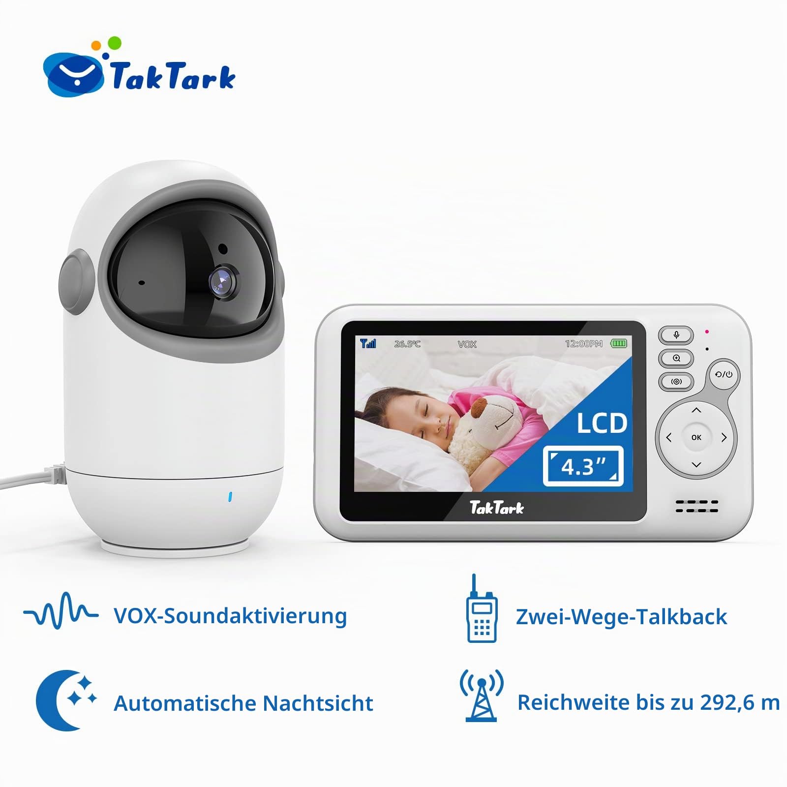 TakTark Kamera für 5 Zoll Babyphone Modell 2024 (Zur Verwendung Muss Eine Babyphone-Bildschirmeinheit Angeschlossen Werden, Im Paket Ist Kein Babyphone-Display Enthalten)