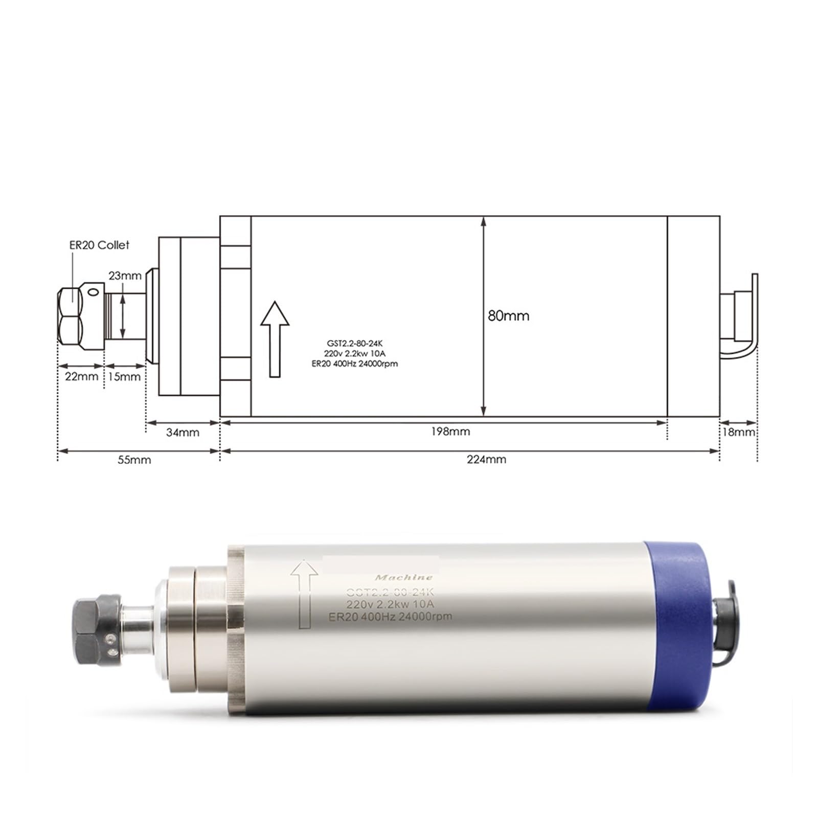 Silnik wrzeciona 380V 2.2KW CNC silnik wrzeciona chłodzonego powietrzem ER20 4 szt. Łożyska ceramiczne 400 Hz 80mm wrzeciono chłodzące powietrze do grawerowania frezowanie(380V,Ceramic Ball Bearing)