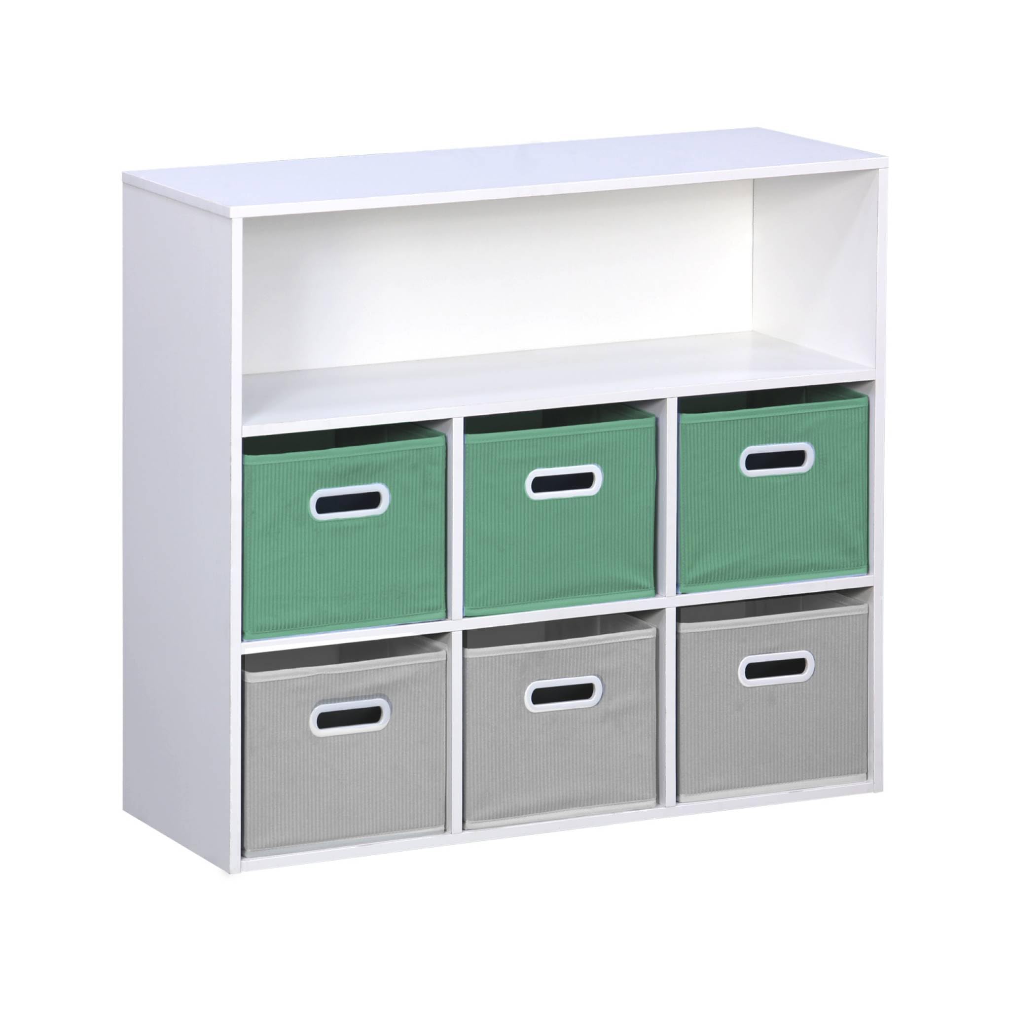 sweeek - Meuble de Rangement pour Enfant avec 7 Compartiments et 3 paniers Verts et 3 paniers Gris Velours