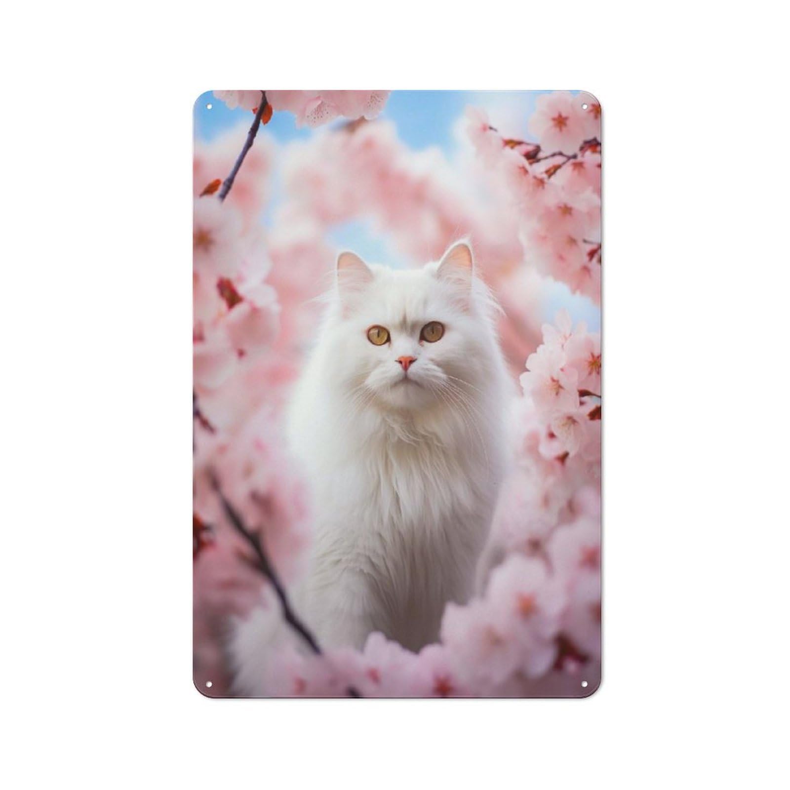 Junmoney Cat In Spring Pink Bloom Tin Wall Plaque 30X20cm With For Workshop Wall, Suited To Makers And Diy Enthusiasts