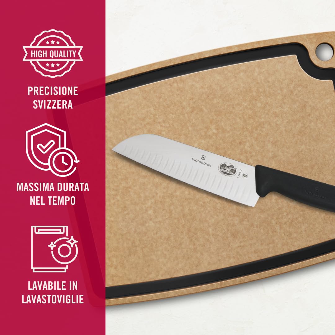 Victorinox Fibrox, Coltello Santoku con Lama Alveolata, Coltello da Cucina giapponese per Carne, Pesce e Verdura, 17 cm, Affilato, Acciaio Inossidabile, Nero
