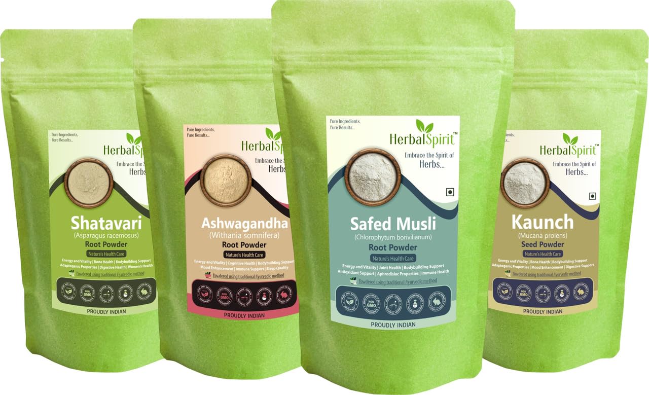 Herbal Spirit Aswagandha, Safed Musli, Kauch Ka Beej, Satavri Powder Powder | Ashwagandha Safed Musli Kaunch Beej Shatavari Powder | 100gm each (Pack of 4)