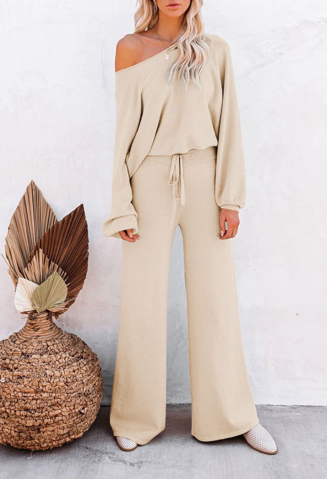 Sovoyontee Damen 2-Teiliges Set Loungewear Langarm Kurz Top Weitem Hose Pullover