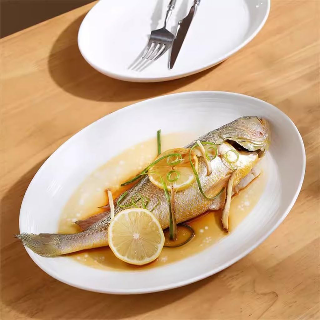 Hoja de cena Plato de pescado al vapor plato de pescado cerámica puro placa de lujo luz horno creativo placa de doble línea plato cena plato de cena(M)