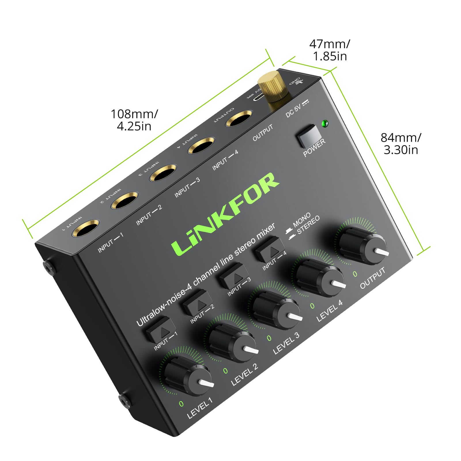 LiNKFOR Mixer Audio 4 Canali Stereo Multifunzionale 4 Channel Audio Mixer con Controllo Indipendente del Volume Audio Mixer 4 Canali per Piccolo Bar Microfoni Chitarre Bassi Tastiere e Mixer di Palco