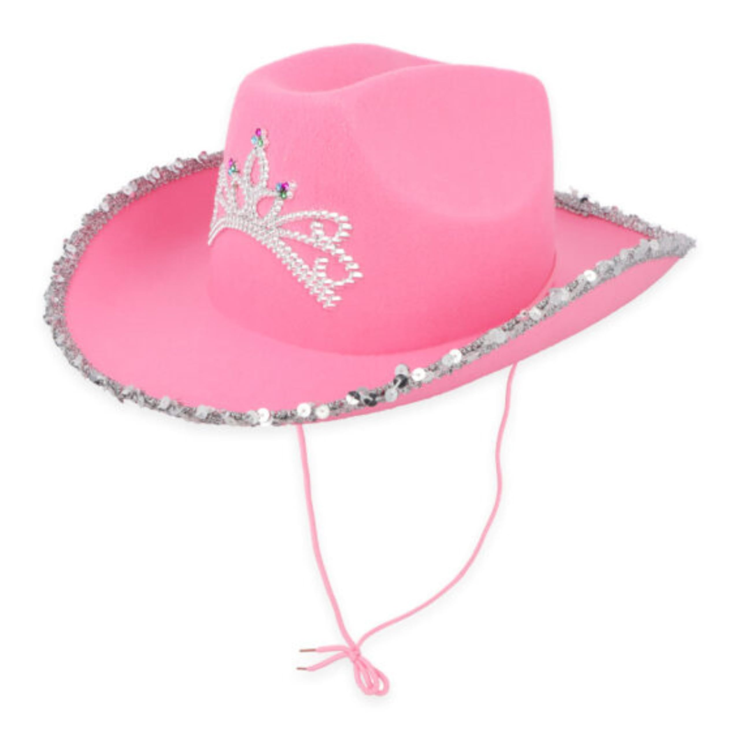 Lizzy 1 x Pink Cowboy Hat with Tiara & Sequin Trim | Glitter Cowgirl Hat with Chin Strap | Fancy Dress Costume Accessory for Adults | Festival, Party & Hen Night Headwear