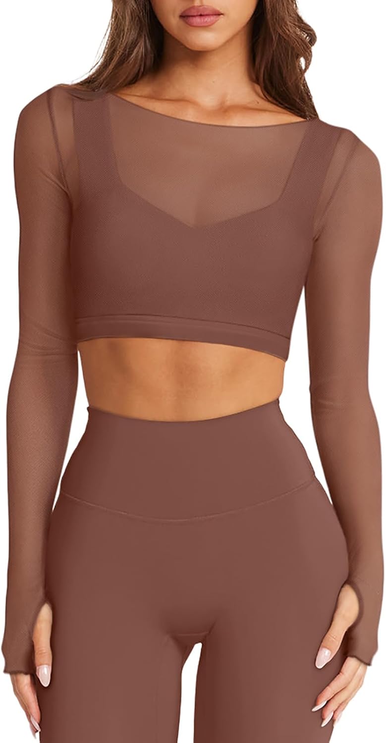 LASLULU Mesh Long Sleeve Crop Tops for Women Double Lined Workout Athletic Gym Shirts Cropped Tops with Built in Bra