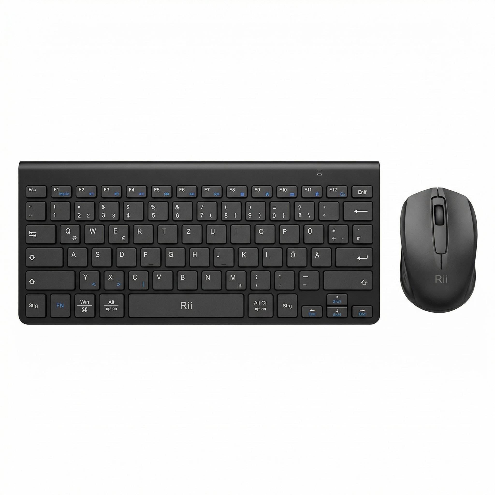 Rii Mini Tastatur Maus Set Kabellos, QWERTZ Deutsches Layout, 2,4GHz Empfänger, Superflaches Design mit 12 Multimedia-Tasten und Angenehmem Neigungswinkel für PC, Laptop, Windows, Mac - Schwarz