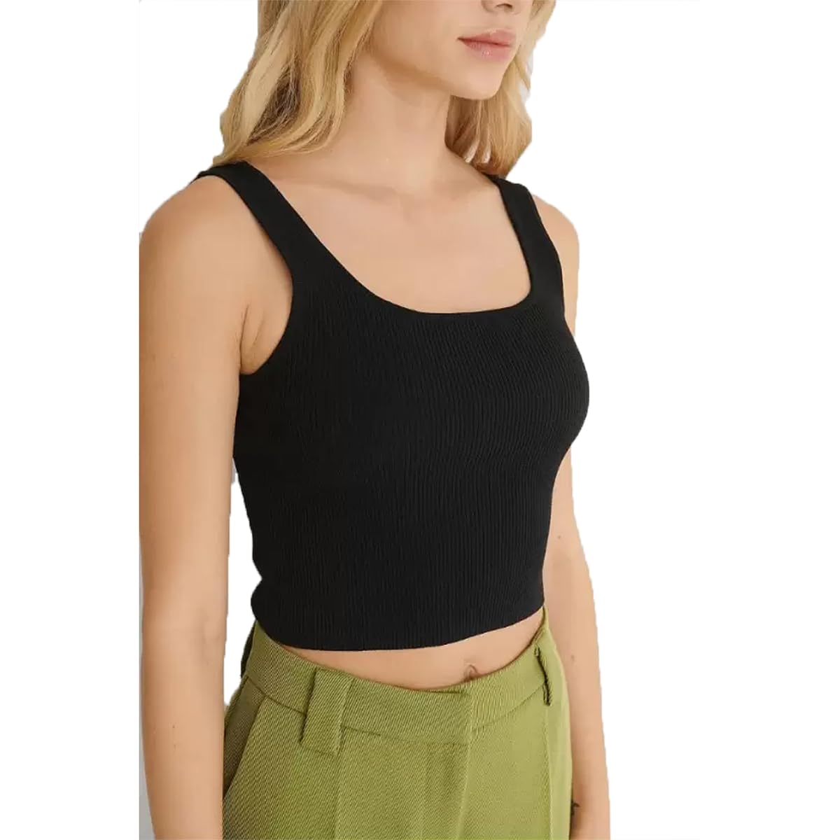 Women's & Girls' Solid Ribbed Slim Fit Crop Tank Top | Black Crop Top | Tops for Women-image-24