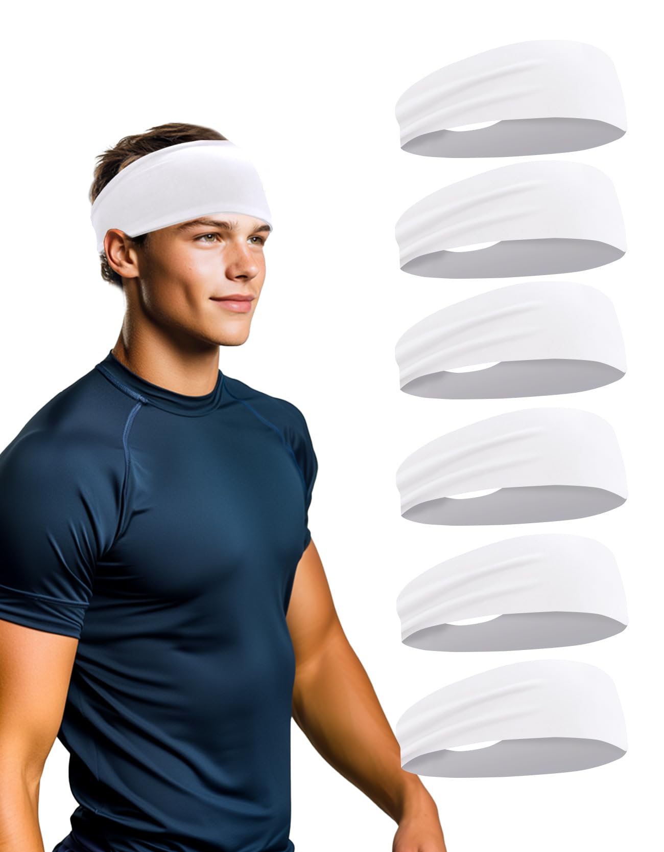 kninmdor 6 Pack Sport Headbands for Men & Women, Sweat Wicking Workout Sweatband, White Hairband for Running, Cycling, Football, Yoga (White 6 Pack)-picture-37