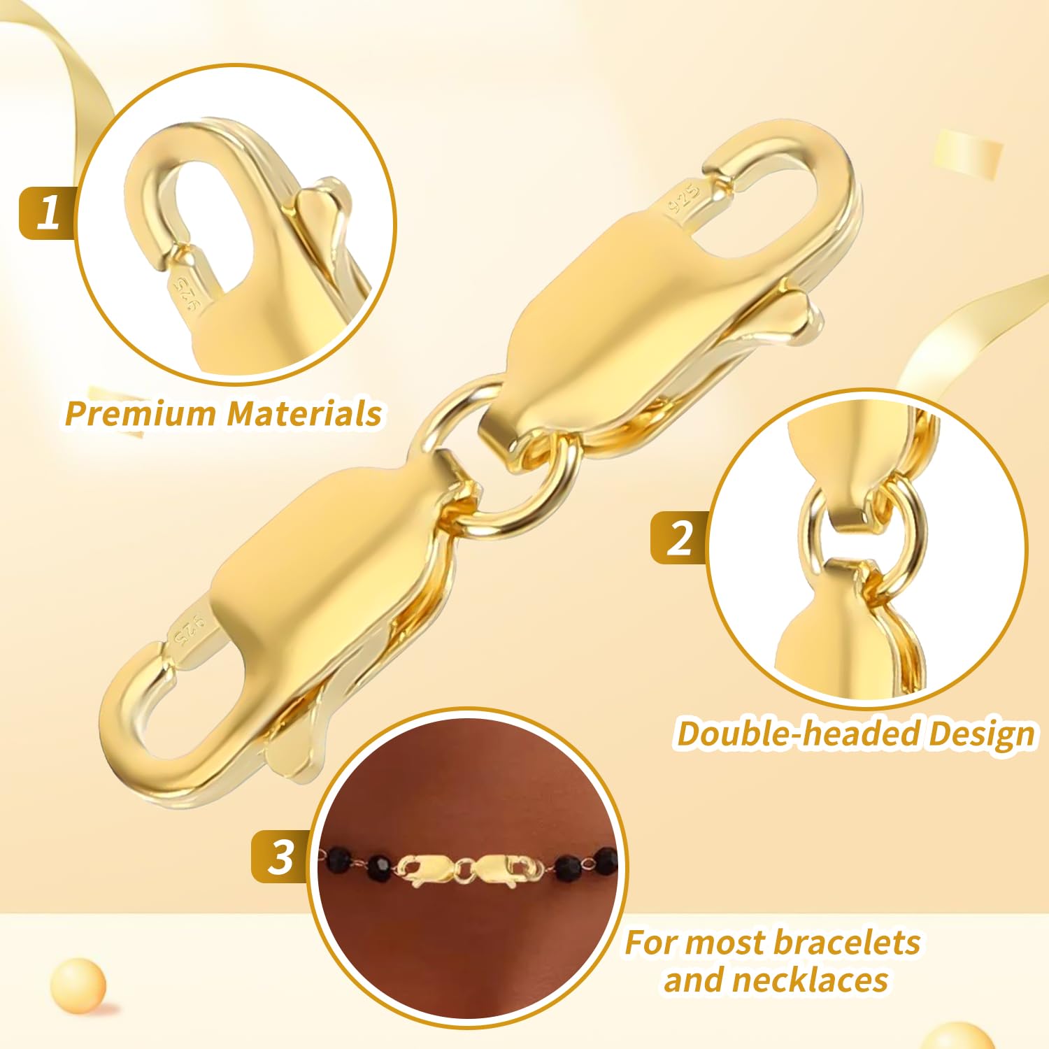 2 chiusure a moschettone doppie, chiusure a moschettone per bracciali, chiusura per gioielli, doppia chiusura per collana, in argento Sterling placcato oro 14 carati, connettore di estensione per la