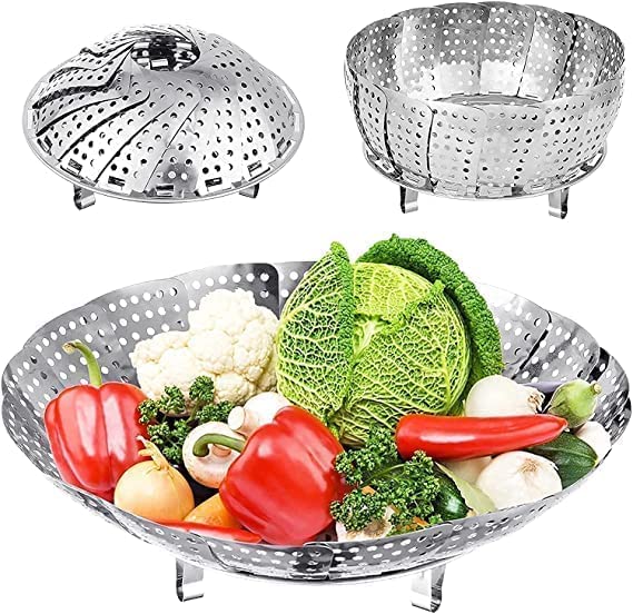 Image of BEYOND BASIC Stainless steel Big 30cm Folding Vegetable Steamer Basket Collapsible Steamer basket for vegetable Cooking, fish and baby food steamer, Big and Expandable Fit Various Size Pot (Silver)