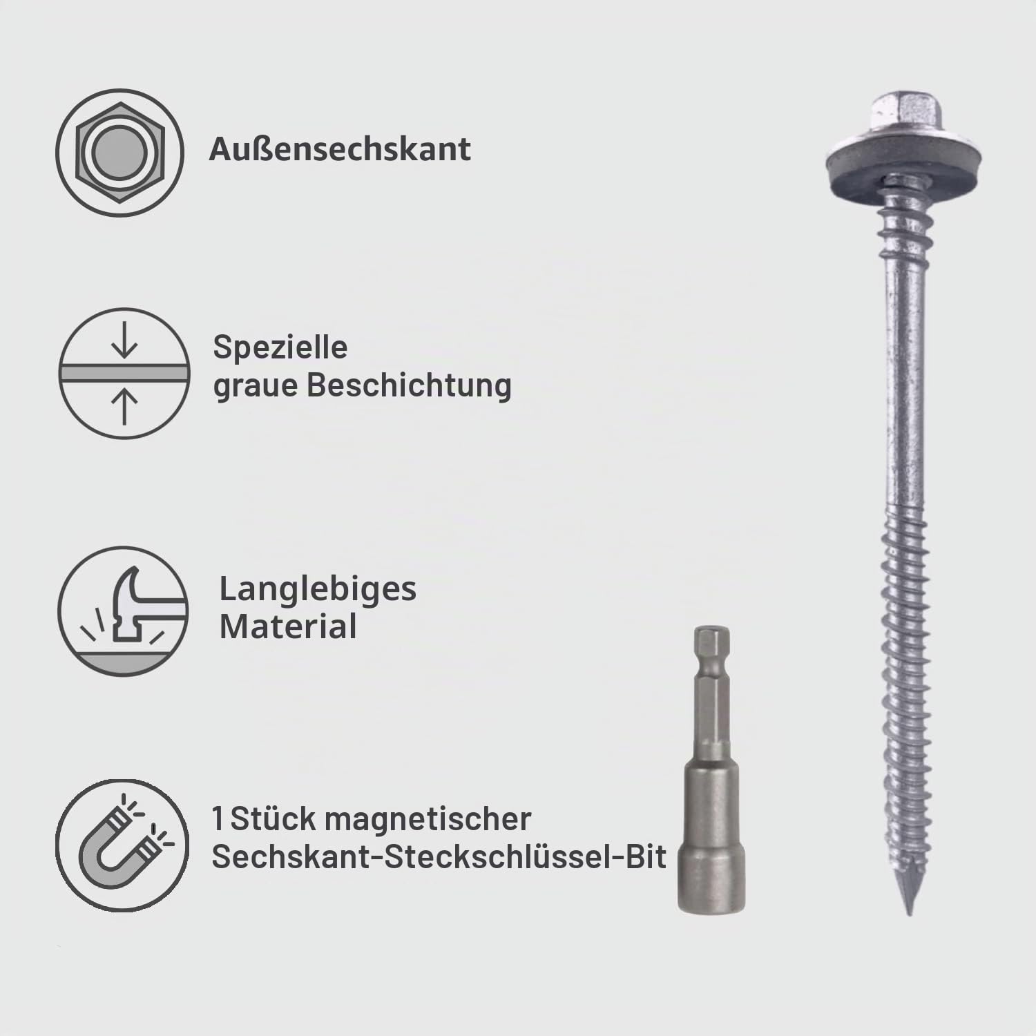 Marcopol (50 Stück) Sechskant-Schrauben mit selbstbohrendem 6,4 x 190 mm Karbonstahlschrauben mit EPDM-Unterlegscheiben zur Befestigung von Sandwichplatten (50, 6,4 x 190 mm), grau