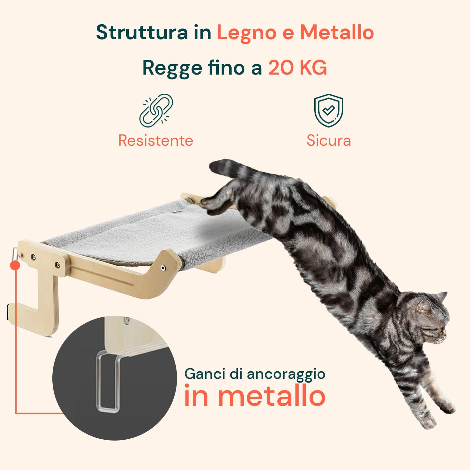 Wintem - Amaca per Gatti Pensile fino a 20kg in Stoffa Resistente con Supporto in Legno e Metallo, Facile da Montare su Finestre, Pareti, Mobili o Angoli - Accessorio per Gatto