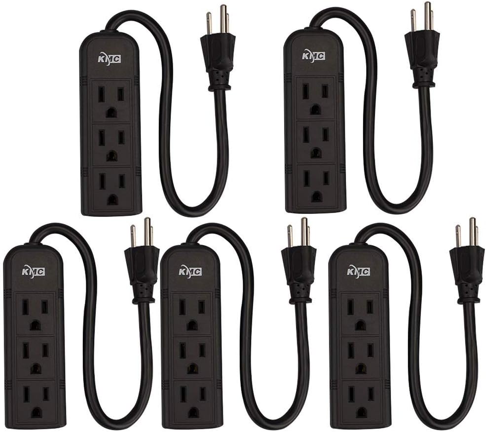 KMC 3Outlet Power Strip Power Extension Cord 5Pack,Outlet Saver,1Foot Cord, ETL