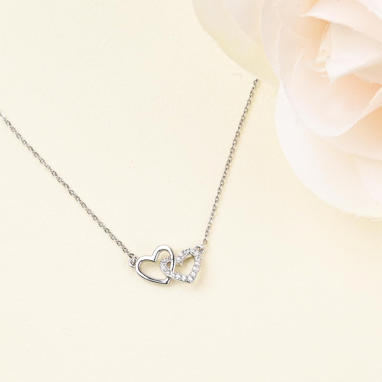 Double Heart Necklace Sterling Silver Cubic Zirconia Cute Dainty Love Pendant Heart Necklace for women - Image 5