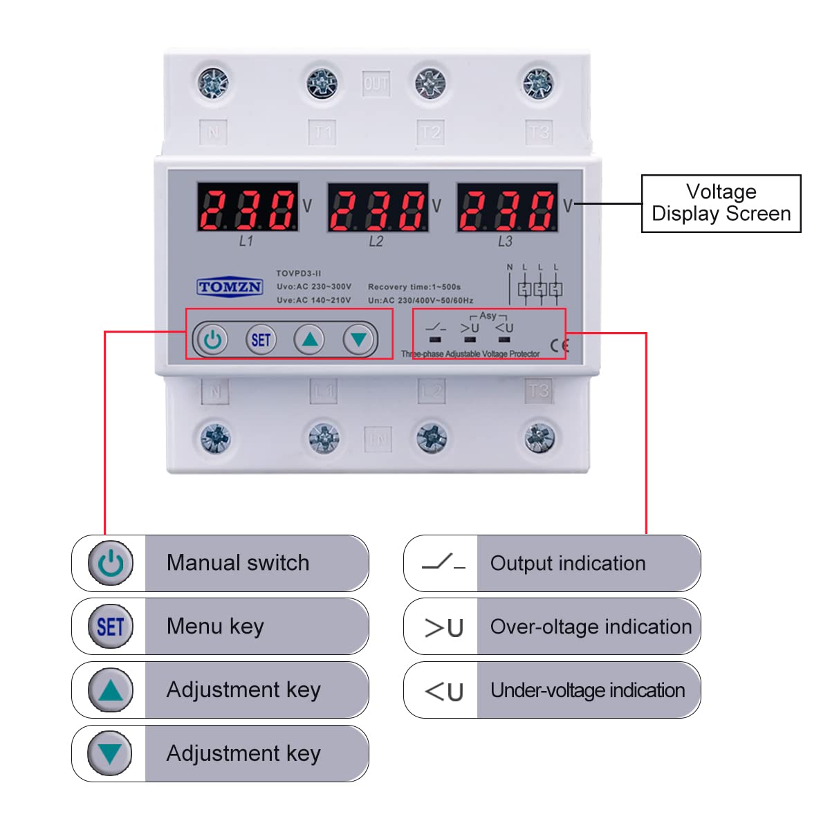Magnetotermico 16a Voltímetro trifásico ajustable Protector de sobretensión y bajo voltaje dispositivo de protección de recuperación automática trifásico reinicio 63A 380V Magnetotermico