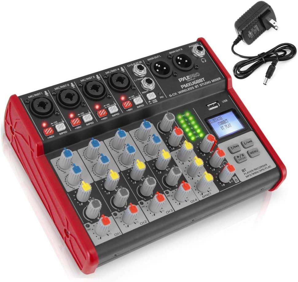 Studio Audio Sound Mixer Board - 6 Channel Bluetooth Compatible Professional Portable Digital DJ Mixing Console w/ USB Mixer Audio Interface - Mixing Boards For Studio Recording - PMXU68BT