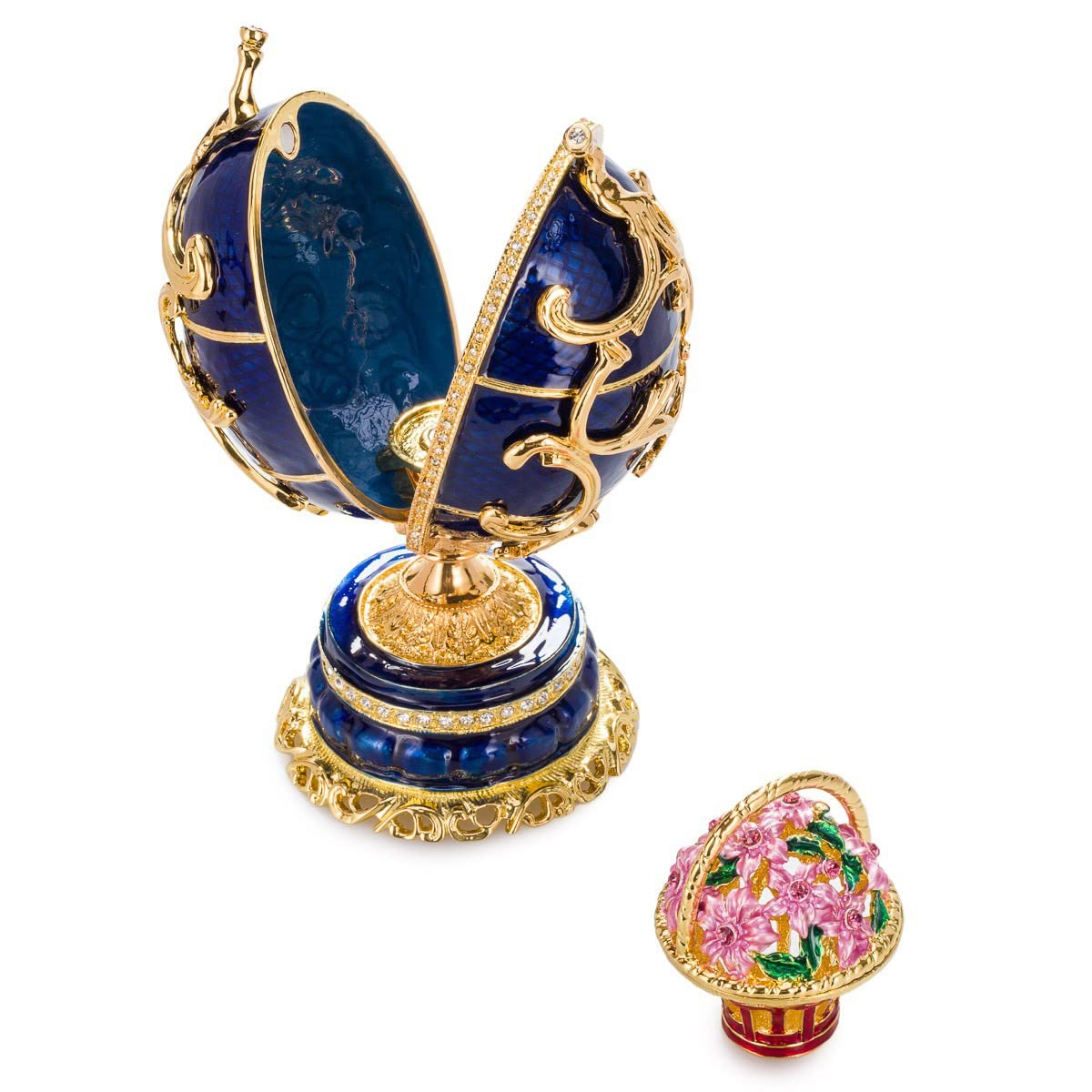 danila-souvenirs Jajko muzyczne w stylu Faberge, Szkatułka na biżuterię Kwiaty wiosenne z koszem kwiatów, 16,5 cm, niebieskie