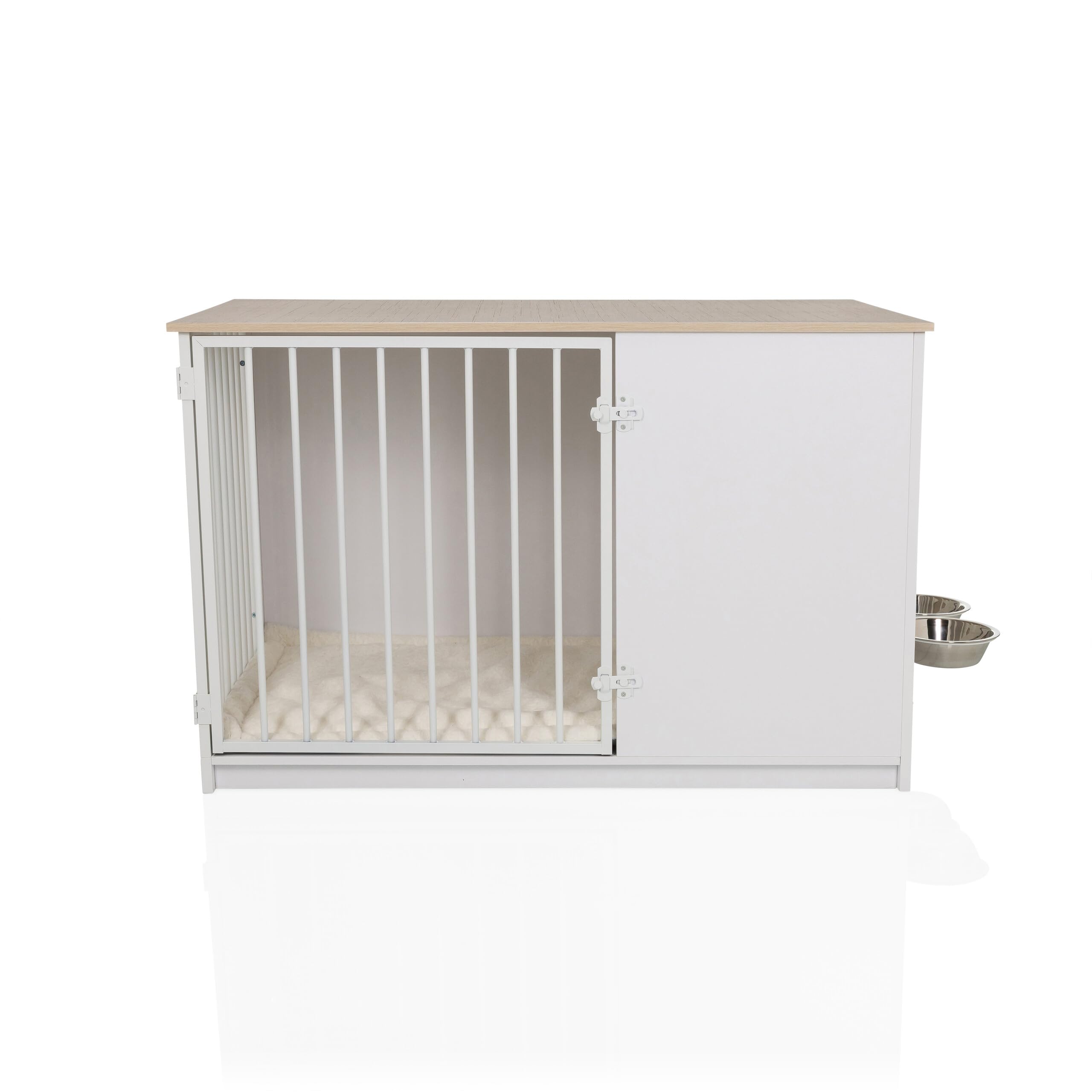 Hundebox für Zuhause, 102x60x65,5 cm PAWHOME XL Hundekäfig inkl. Edelstahlnäpfe, Hundehaus mit Tür bis 30kg belastbar, Weiß/Eiche