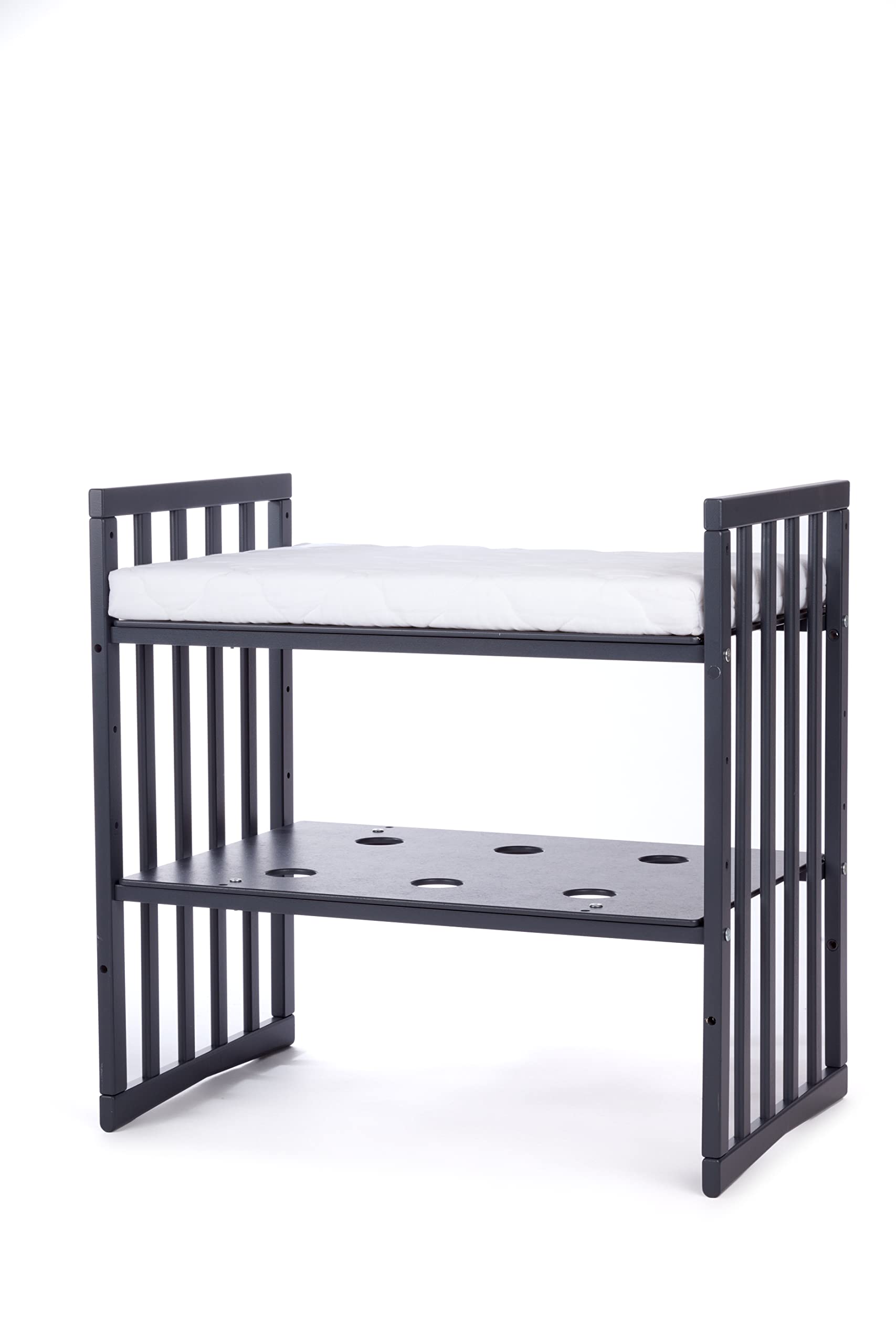 waldin Babybett Oval 7in1, Matratze, Rollen, Regal, Graphit | Ohne Stoffset, Mitwachsend, Beistellbett aus Holz, Wiege optional