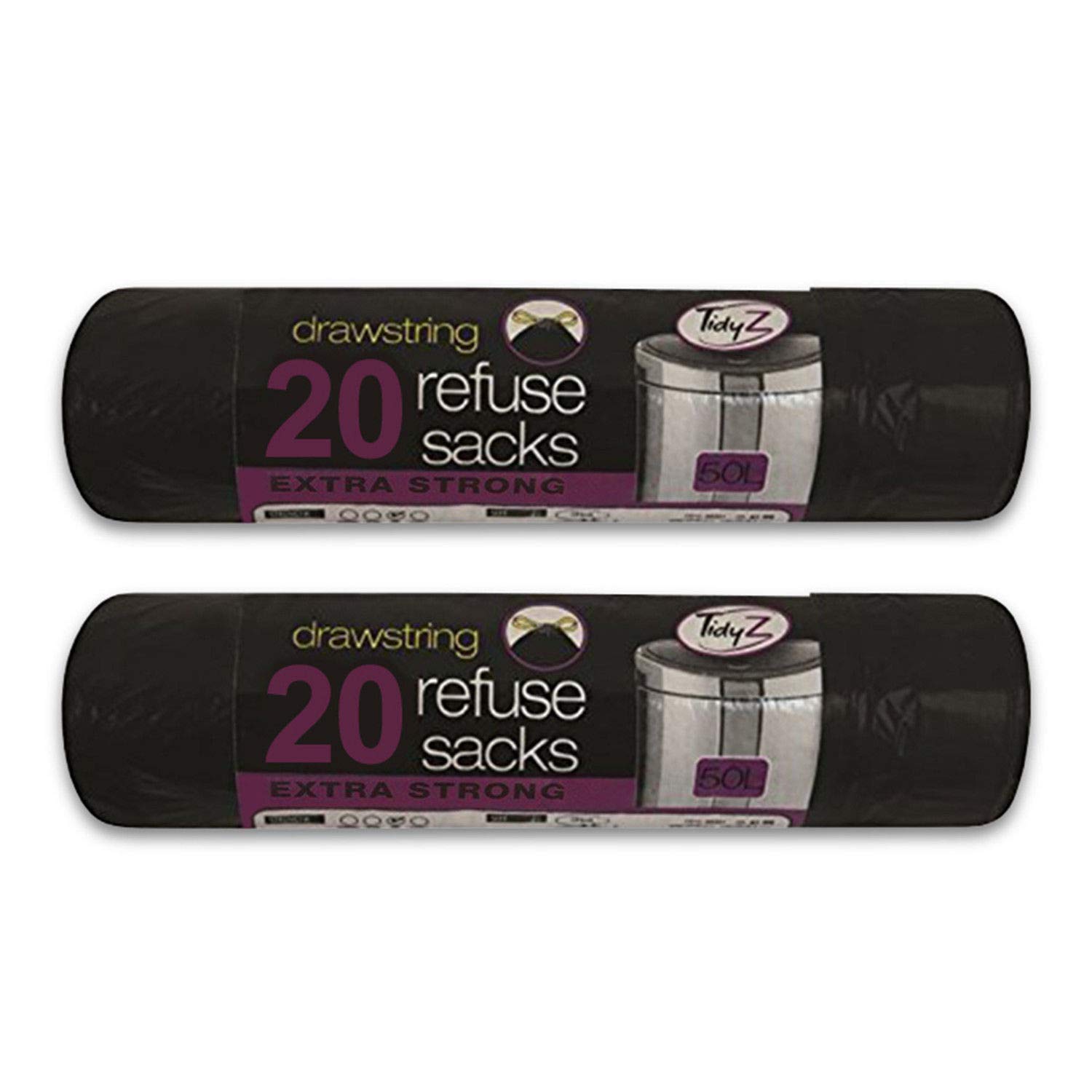 Tidyz Drawstring 20 Bin Liners Extra Strong Refuse Sacks 50L, Packs Of 2 (Black)