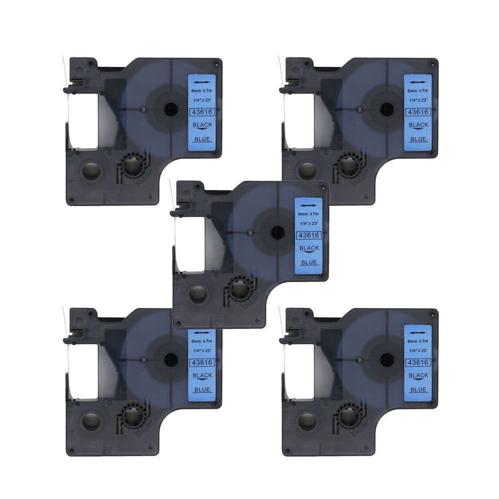 BROVACS 5 Pack Black on Blue Label Tape Compatible for DYMO D1 43616 6mm 1/4" OPA2016x5