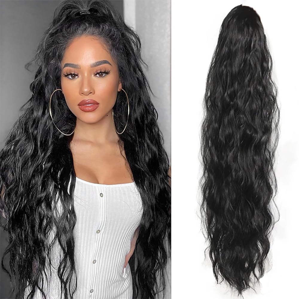 Coda Finta Capelli Ondulati Lunghe Coda Capelli Extension Ondulata Sintetica con Coulisse Capelli Coda Posticci Ricci Ondulati per Donna（Nero/66CM）