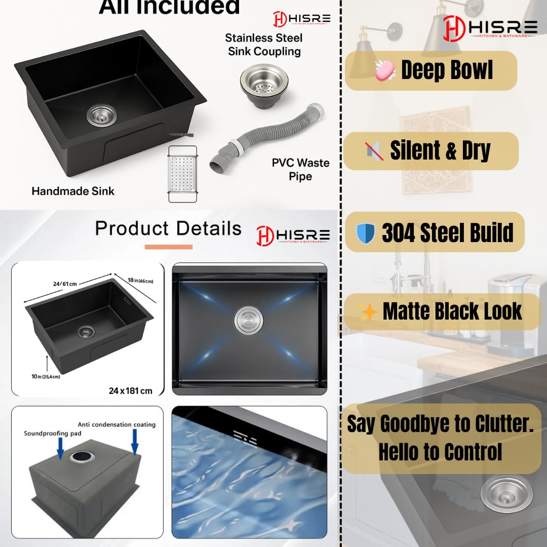 HISRE Handmade Single Bowl Kitchen Sink 24x18x10 Inch | Premium Stainless Steel with Brushed Matte Finish | Includes Coupling & Vegetable Washing Basket | Black, photo 4 of 5