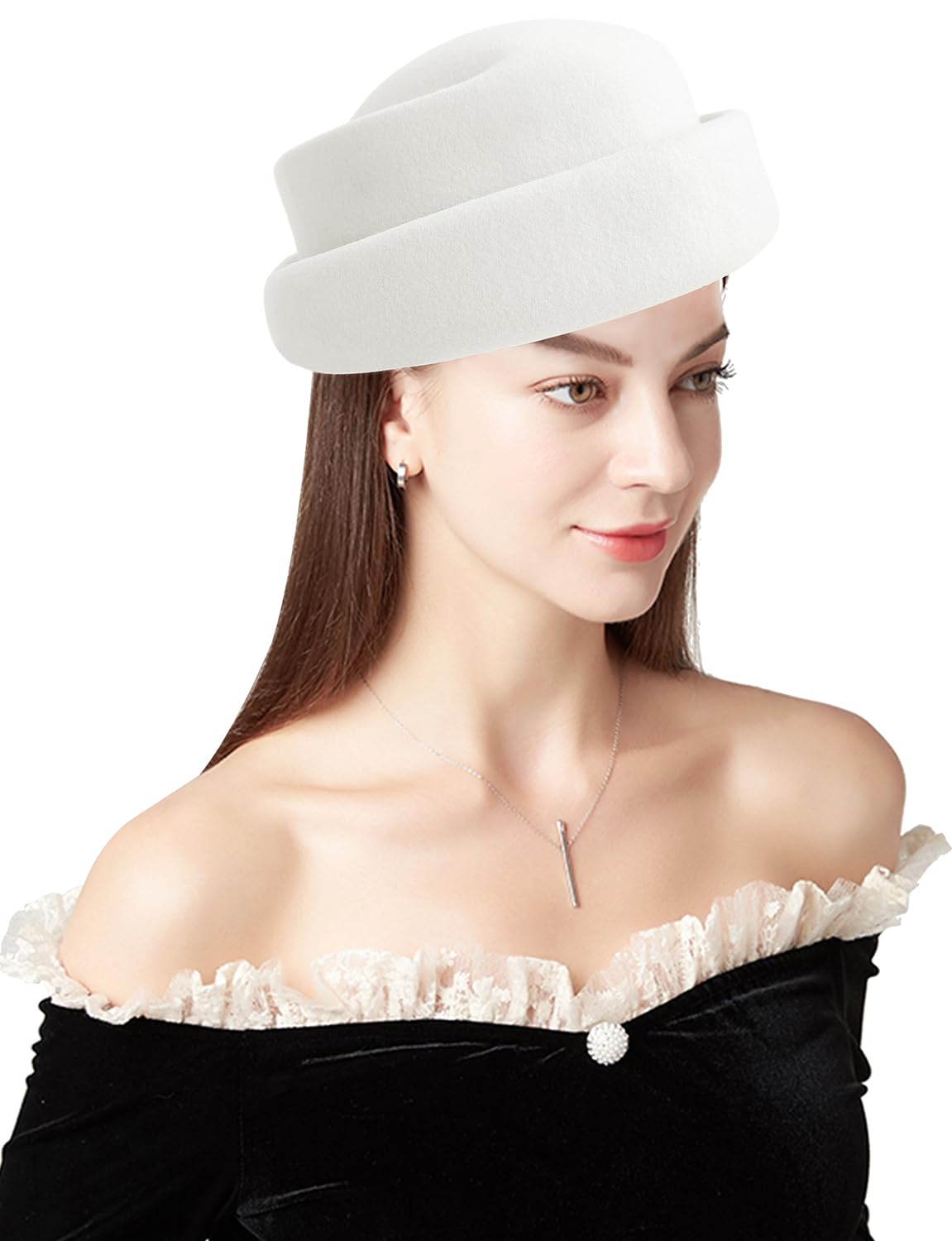 ELLYDOOR Wool Fascinator Hat Winter Wool Felt Pillbox Hat for Women Wedding Church Hat Veil Bowknot Fedoras, 2024 Ivory Beige, One Size