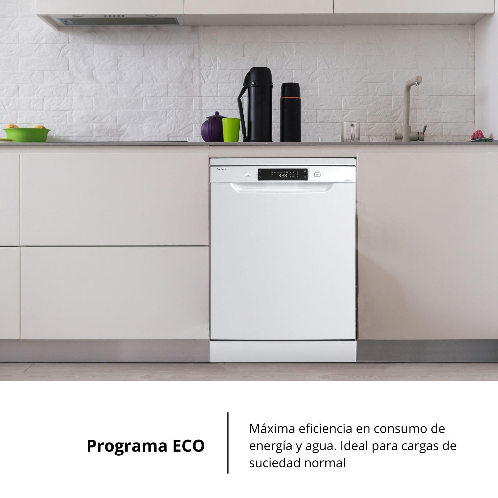 Corberó - Lavavajillas Plus | CLVM6025W | 84,5x59,8x61 cm | 13 Cubiertos | 8 lavados | Media Carga | Inicio Diferido | Función Autoapertura | Cesta Regulable | Display LED | 47 dB | Blanco | Clase D