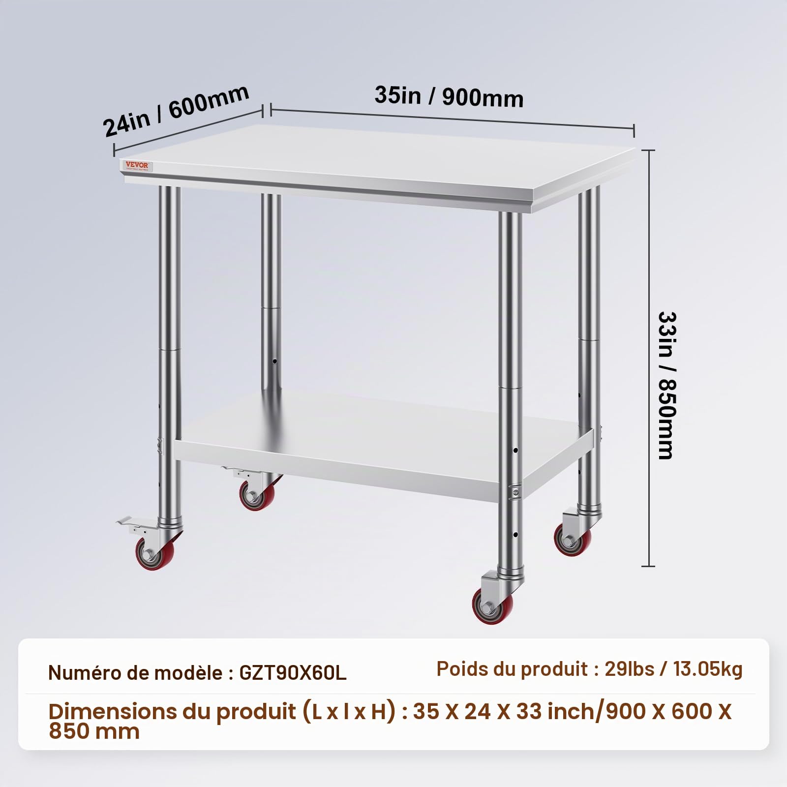 VEVOR Table de Travail Cuisine 90 x 60 x 85 cm, Table de Travail INOX avec roulettes et Freins, Capacité de Charge Totale 204 kg pour Préparation des Aliments aux Restaurant