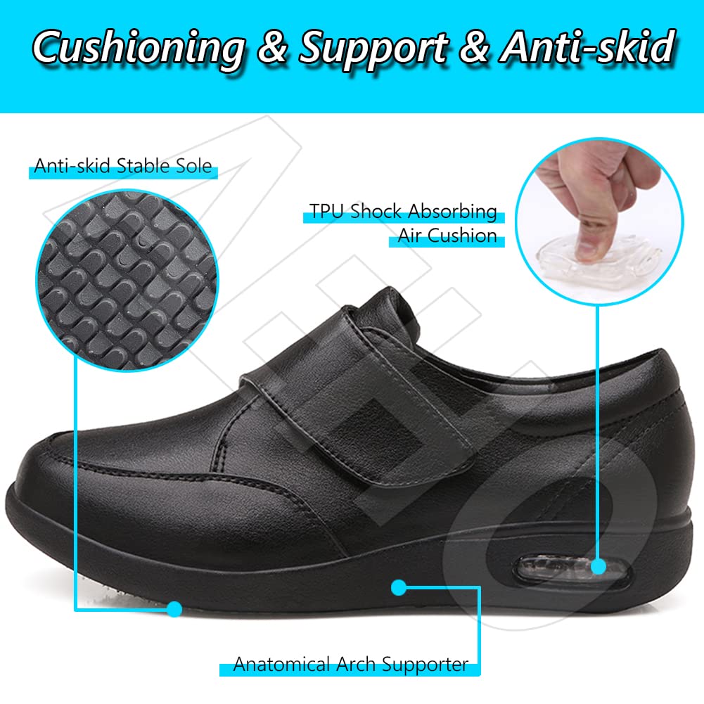 AEHO Pie Diabetico Cuero PU Zapatillas para Diabéticos Hombres Zapatos De Ensanchamiento De Fertilizante De Gran Tamaño Plus para La Hinchazón del Pie Fascitis Plantar,Negro,42 EU