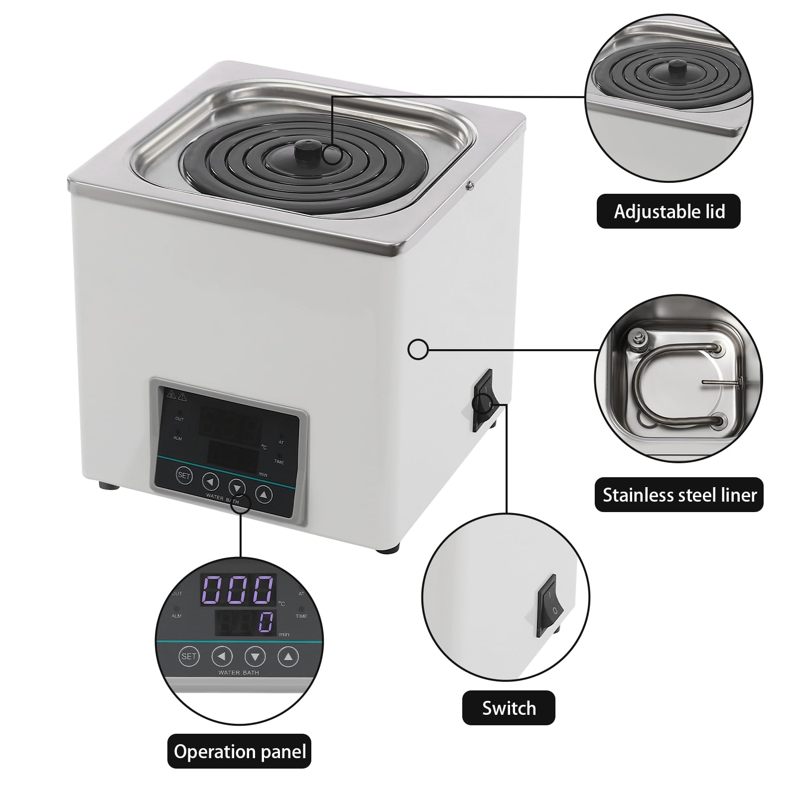 3L Labor-Wasserbad mit Anti-Trockenbrenner-Sensor, Wasserbadheizer für Laborversuche, Digitales Thermostat Wasserbad für Destillation Trocknung Konzentration und Erwärmung