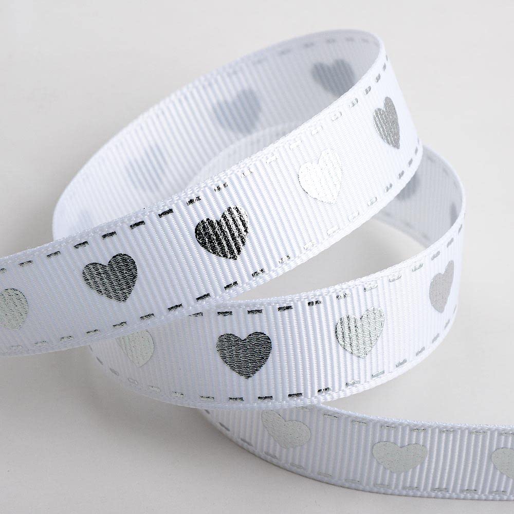 Love Hearts Ribbon White/Silver Grosgrain (16mm x 10M)
