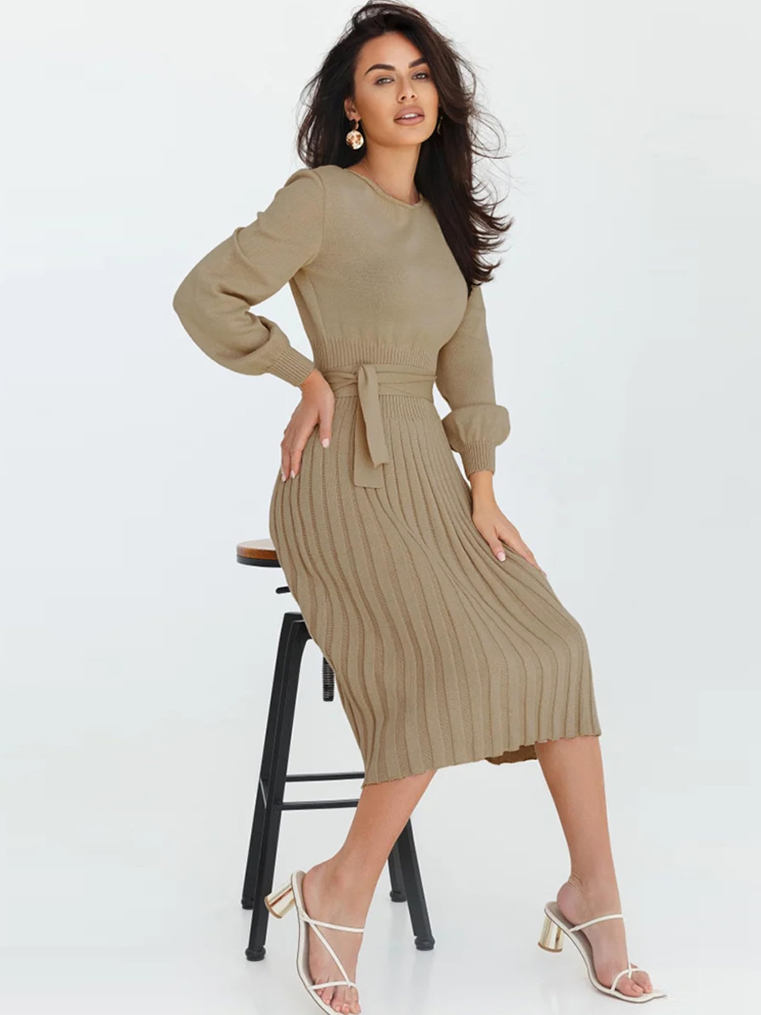 Ever-Pretty Damen Strickkleider Langärmelige Winterkleider Elegante Midikleider Herbst und Winter Warme Freizeitkleider Pulloverkleider Cocktail CG40413