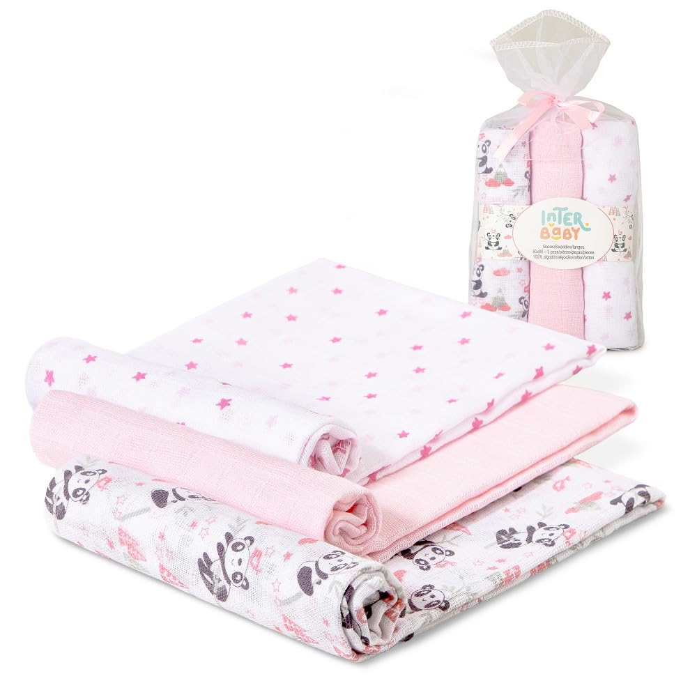 Interbaby Muselinas Bebe Algodon 80x80cm | Pack 3 Gasas para Bebes Recien Nacidos, Lactancia, Toalla, Manta | Muselinas Bebe Cómoda, Suave, Transpirable | Diseño Paracaidista Rosa